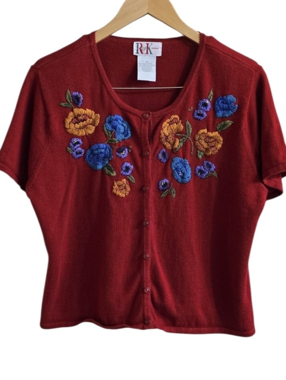 Vintage R&K Originals Red Floral Embroidered Short Sleeve Cardigan. Size 18